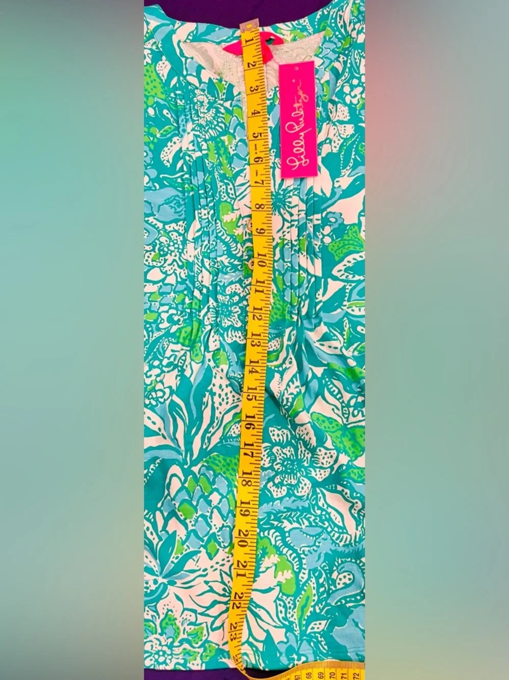Lilly Pulitzer Teal Tropical Print Pleated Blouse Ruffle Sleeve lightweight Chic - Picture 6 of 8